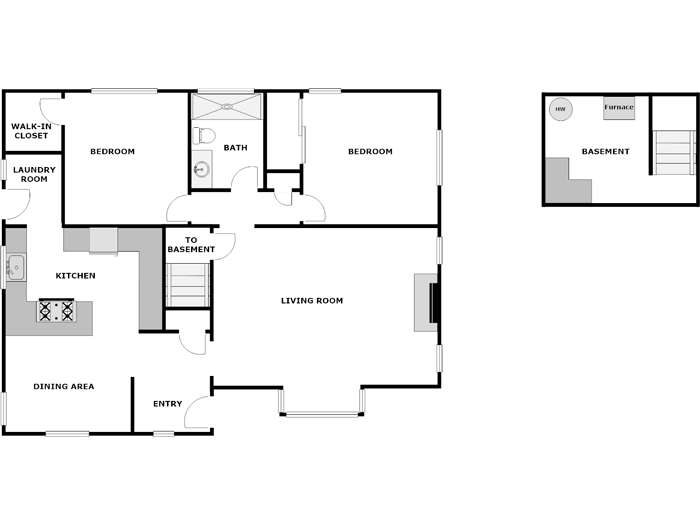 Floor plan for 2 beds, 1 bath, 1050 sqft